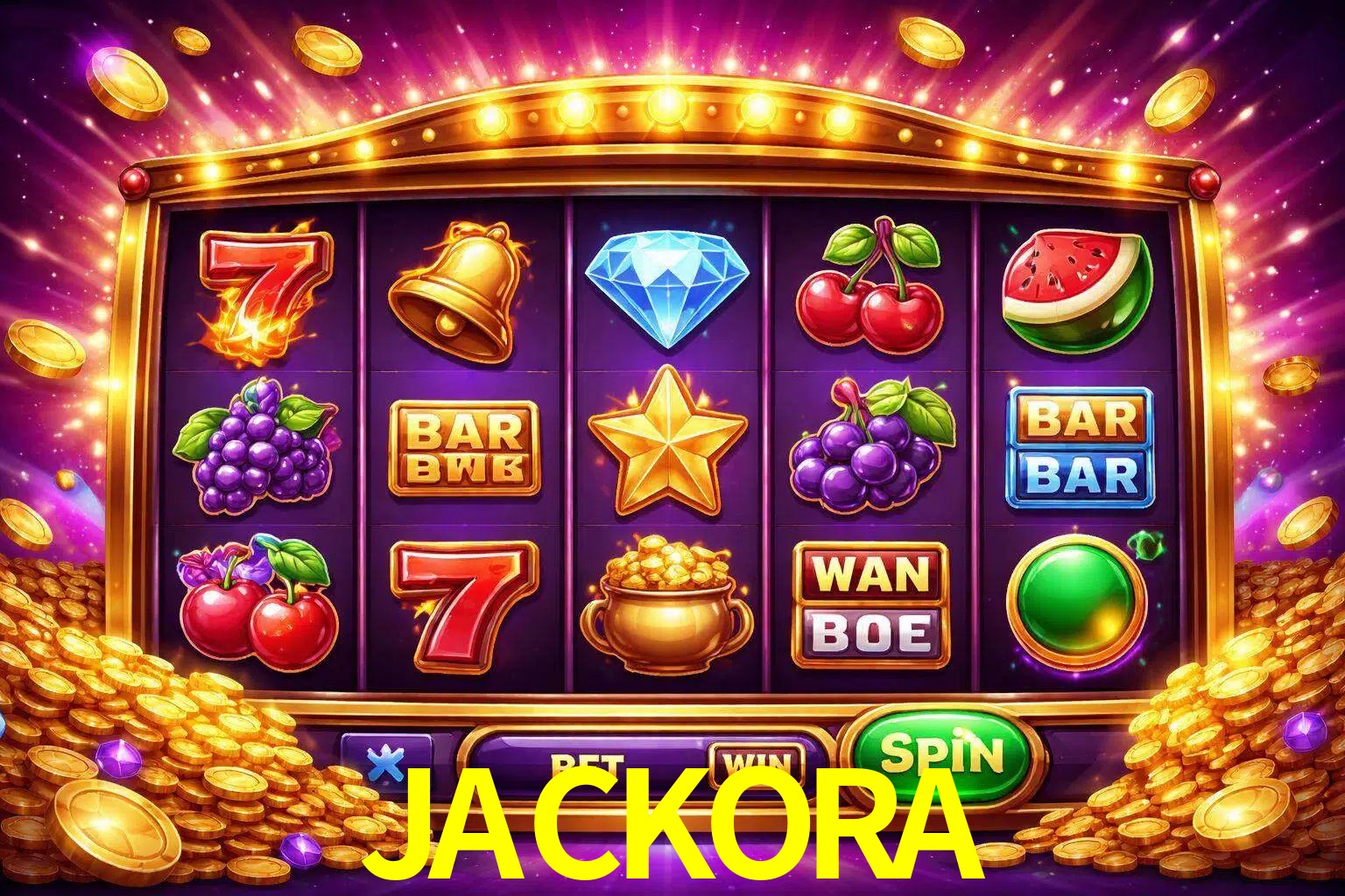 Una interfaz colorida de tragamonedas en línea con símbolos brillantes, monedas y un efecto de victoria celebratoria en JACKORA.