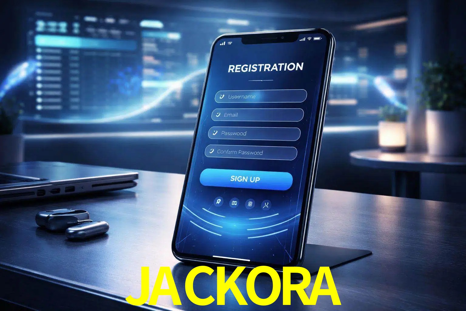 Una interfaz moderna de registro móvil para JACKORA mostrada en un smartphone con un panel de apuestas elegante.